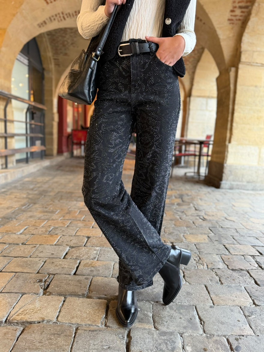 Jean Wide Leg Noir à Strass Floral Sarah John | Marina & Paloma