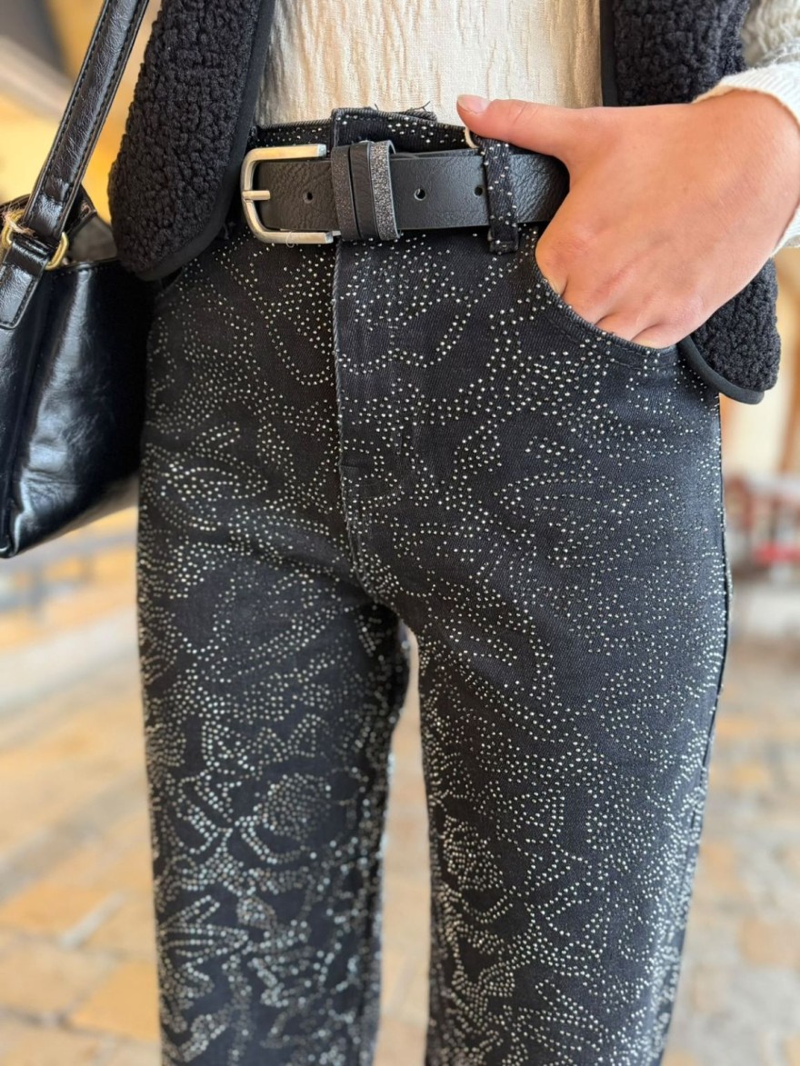 Jean Wide Leg Noir à Strass Floral Sarah John | Marina & Paloma