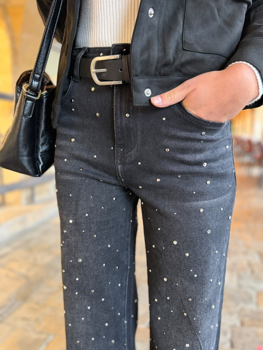 Jean Wide Leg Noir à Clous et Strass Sarah John | Marina & Paloma