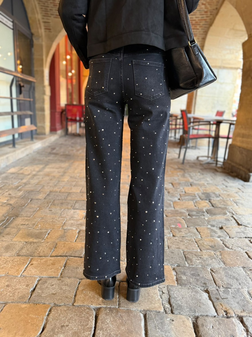 Jean Wide Leg Noir à Clous et Strass Sarah John | Marina & Paloma