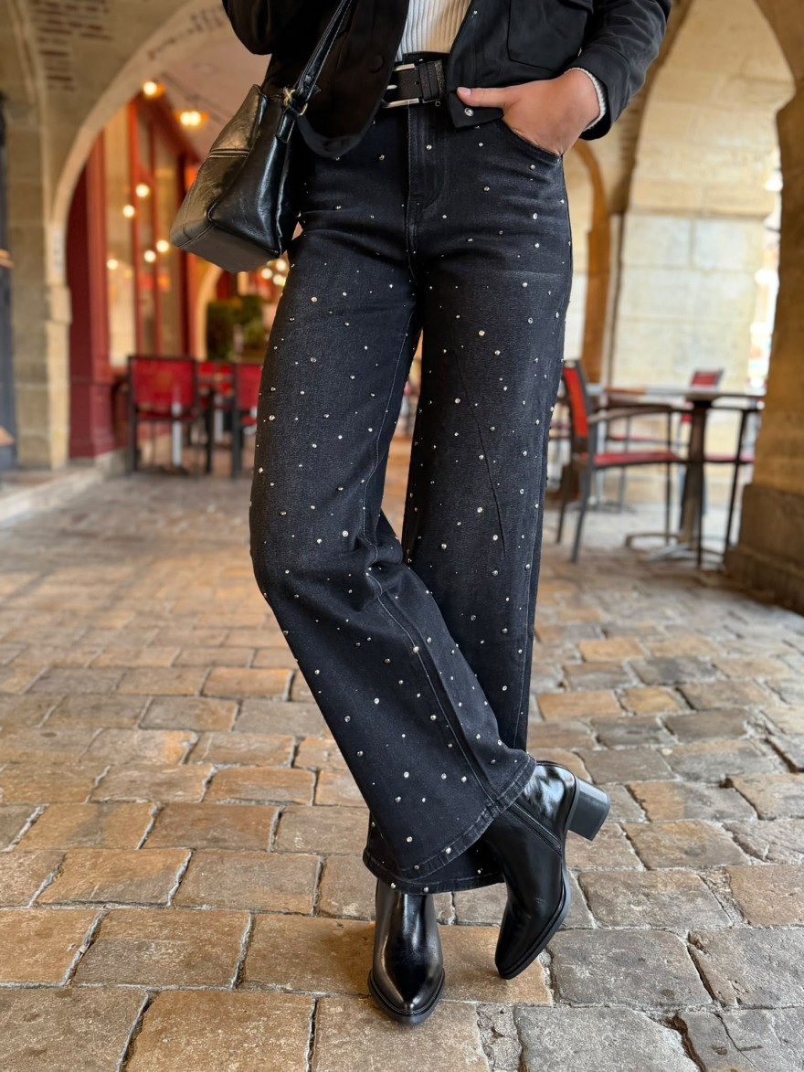 Jean Wide Leg Noir à Clous et Strass Sarah John | Marina & Paloma