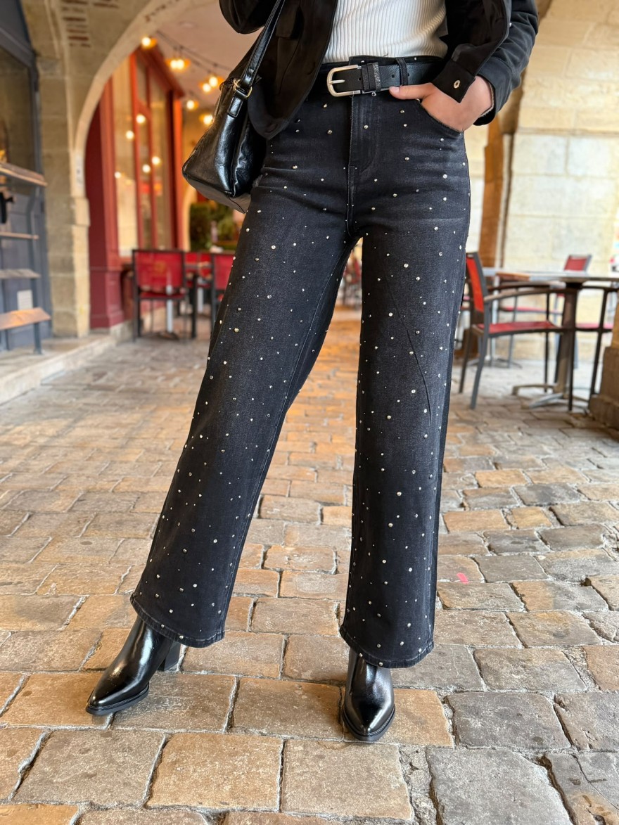 Jean Wide Leg Noir à Clous et Strass Sarah John | Marina & Paloma