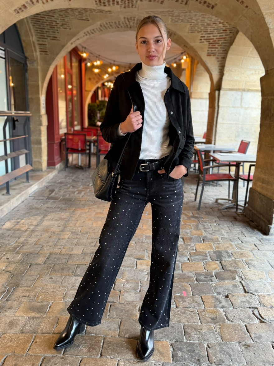 Jean Wide Leg Noir à Clous et Strass Sarah John | Marina & Paloma