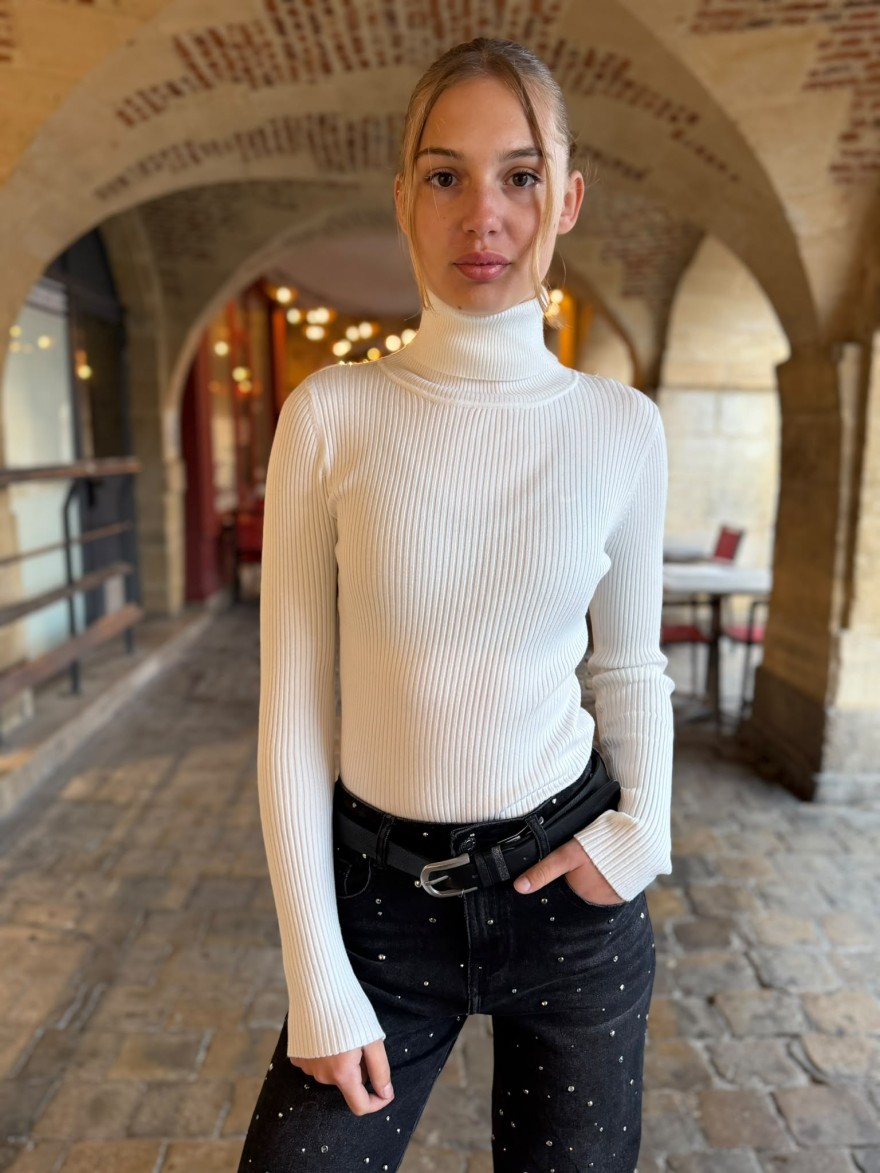 Sous Pull Blanc Col Roulé Kilky en Maille Côtelée | Marina & Paloma