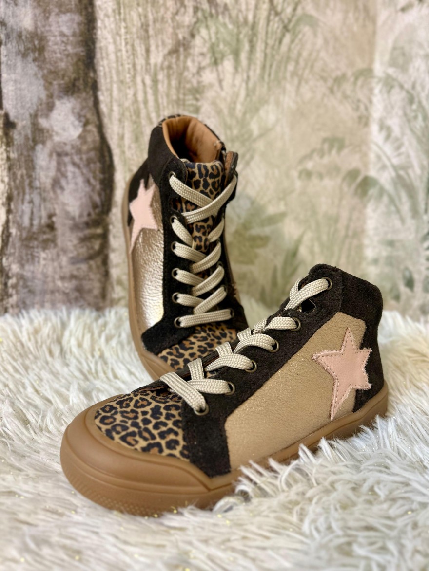 Basket Montante Fille Bellamy Jerki – Cuir Léopard et Doré | Marina & Paloma