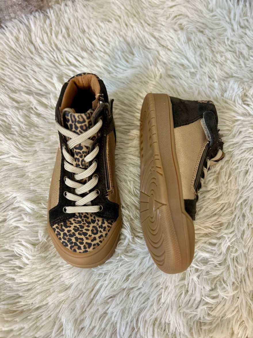 Basket Montante Fille Bellamy Jerki – Cuir Léopard et Doré | Marina & Paloma