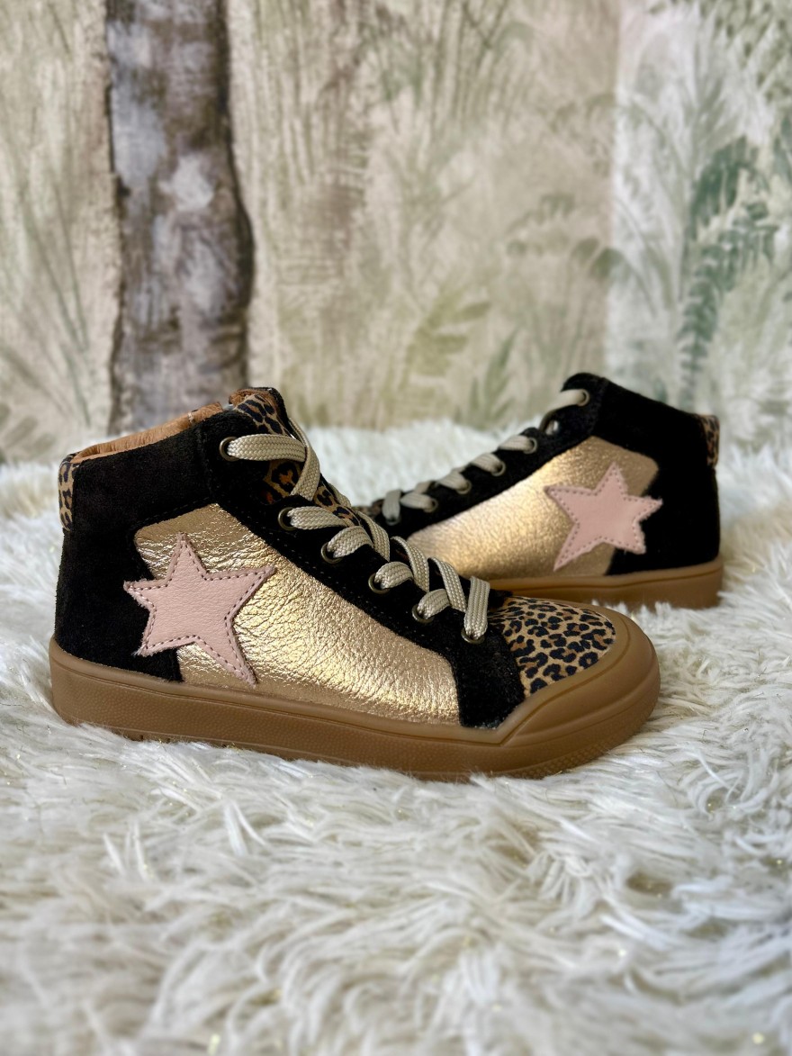 Basket Montante Fille Bellamy Jerki – Cuir Léopard et Doré | Marina & Paloma