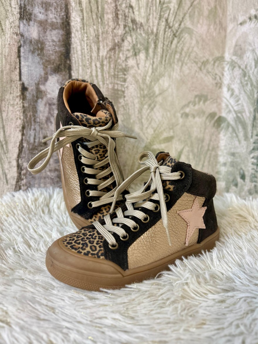 Basket Montante Fille Bellamy Jerki – Cuir Léopard et Doré | Marina & Paloma