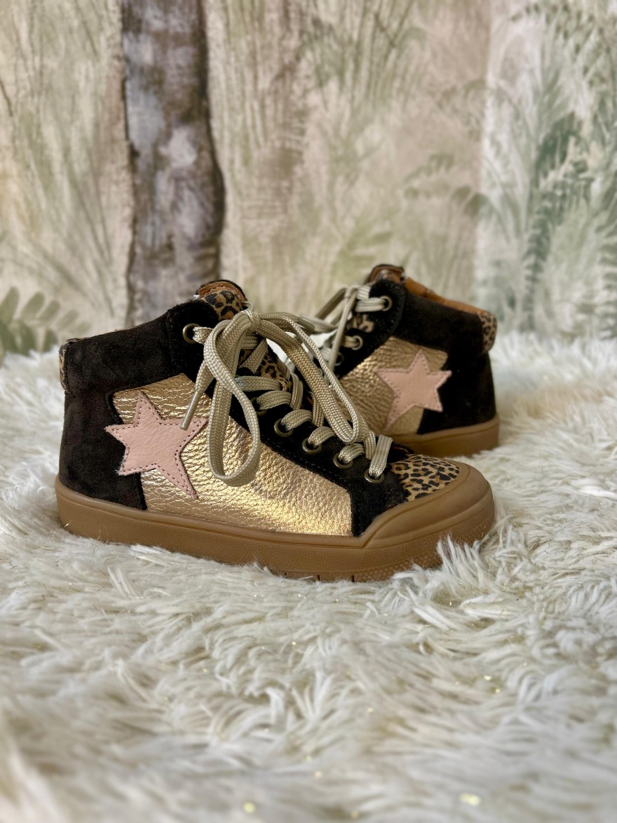 Basket Montante Fille Bellamy Jerki – Cuir Léopard et Doré | Marina & Paloma
