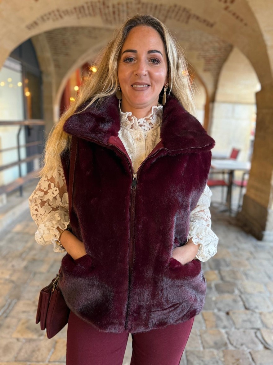 Gilet Sans Manches Fausse Fourrure Bordeaux | Marina & Paloma