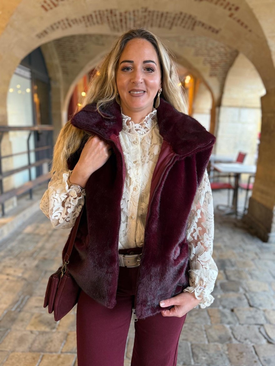 Gilet Sans Manches Fausse Fourrure Bordeaux | Marina & Paloma