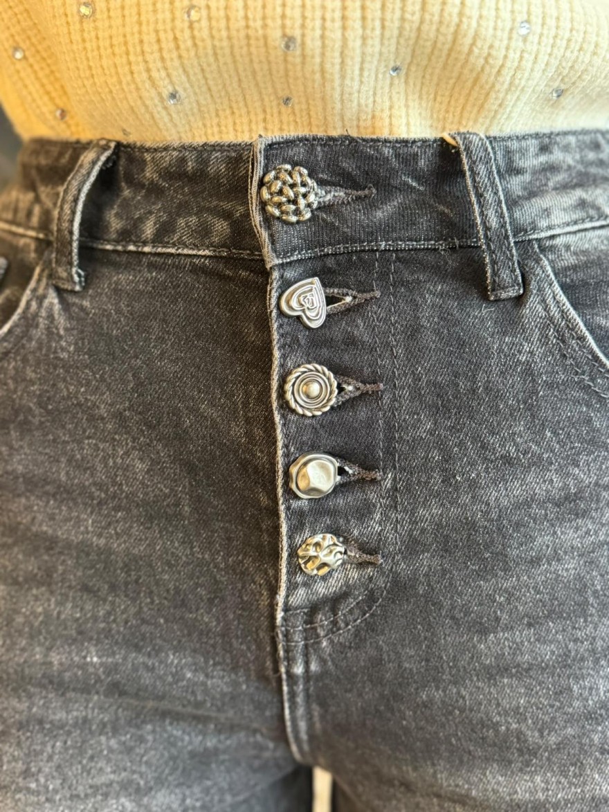 Jean Noir Délavé Wide Leg à Boutons Bijoux | Sarah John