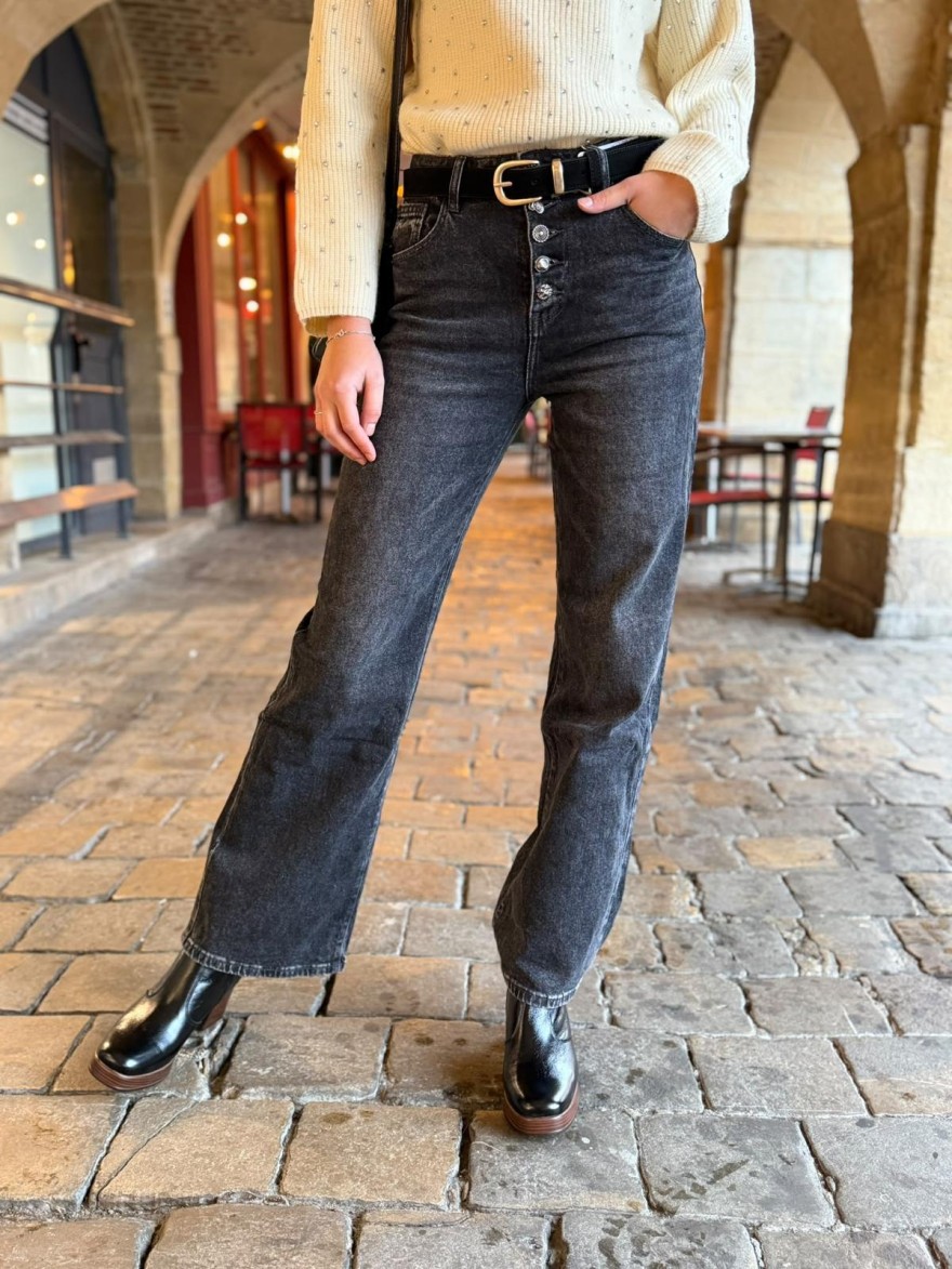 Jean Noir Délavé Wide Leg à Boutons Bijoux | Sarah John