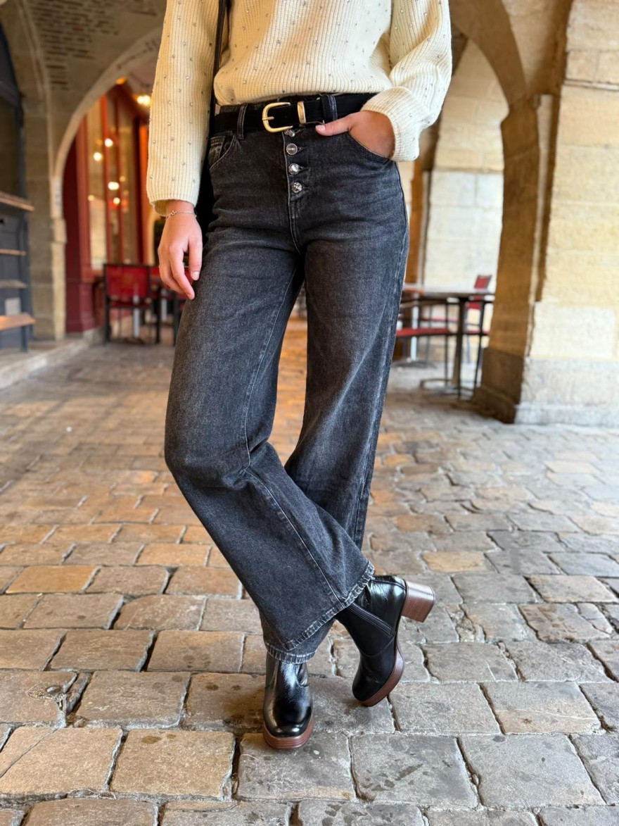 Jean Noir Délavé Wide Leg à Boutons Bijoux | Sarah John